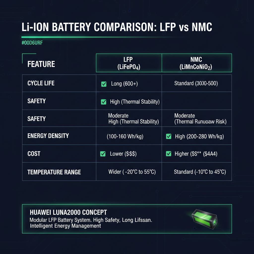 Battery chemistry comparison — LFP vs NMC specifications, cycle life, safety