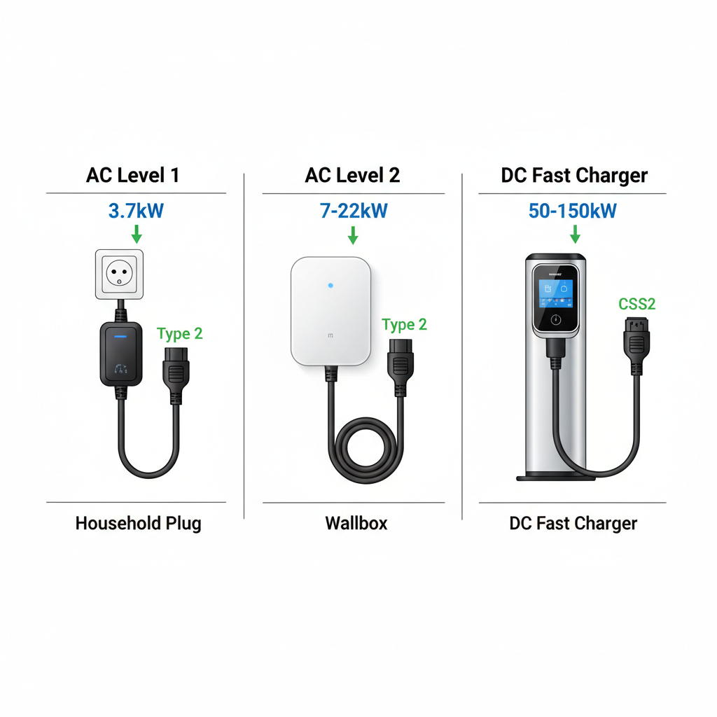 Comparison of EV charger types — AC Level 1, AC Level 2, and DC Fast Charging