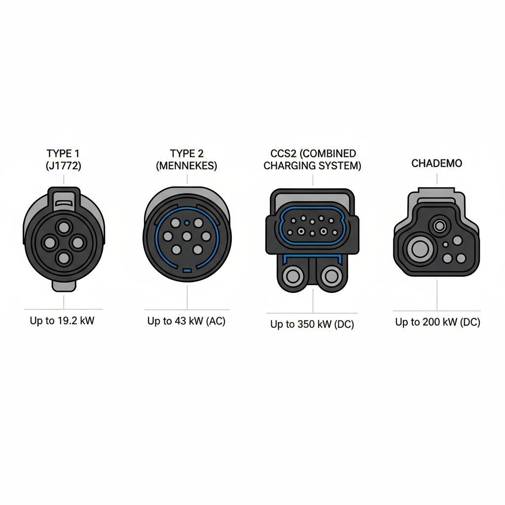 EV connector types — Type 2, CCS2, and CHAdeMO comparison