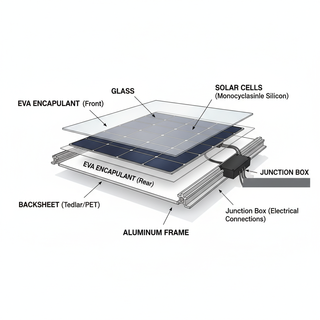Cross-section diagram showing the layers of a solar panel
