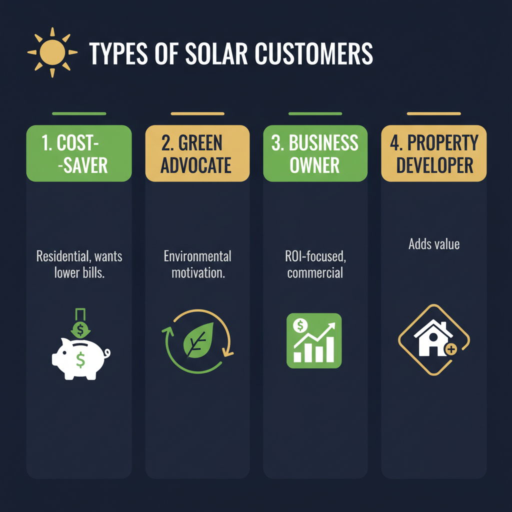 Four solar customer personas — eco-conscious, ROI-focused, tech enthusiast, energy independence