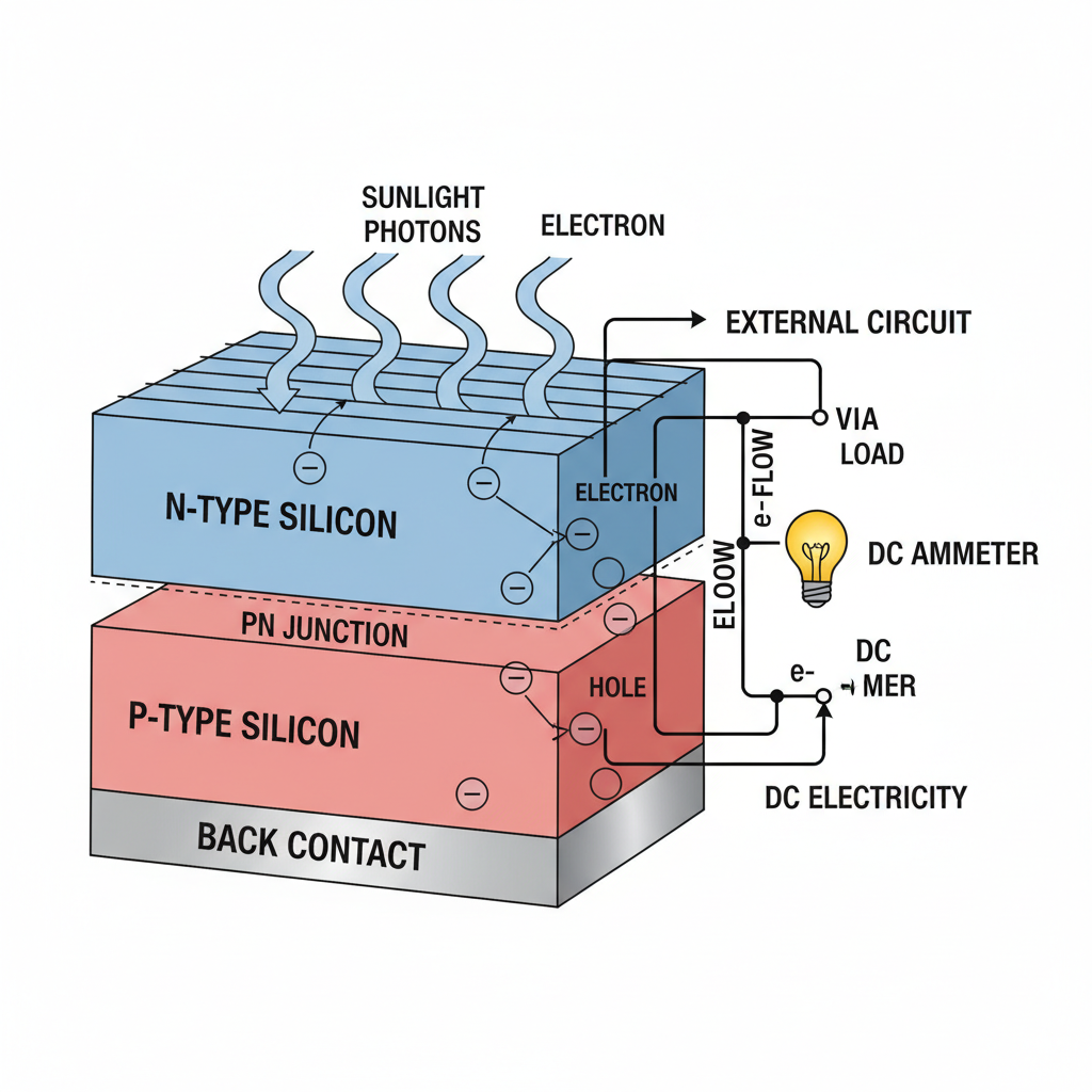Diagram showing the photovoltaic effect — photons striking a silicon p-n junction to generate DC electricity