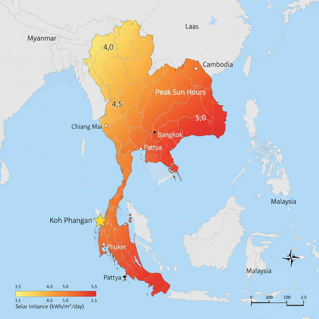 Thailand solar irradiance map showing peak sun hours across regions