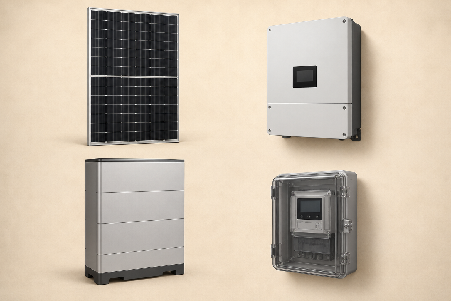 Solar module, inverter, battery and electricity meter — conceptual equipment identification